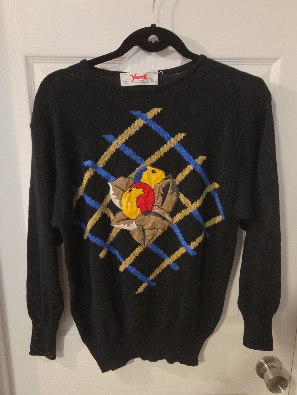 1980s Vintage Yarell Sweater Black with Blue & Gold Argyle and Fruit MotIF